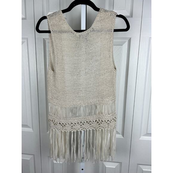 FANG Crochet Fringe Vest Boho Festival Hippie Beige Open Knit Sleeveless Top - Picture 4 of 6